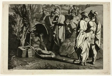 Diogenes in zijn ton met Alexander en zijn generaals