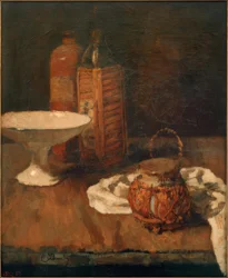 Stilleven met marasquinofles en schaal