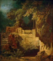 Vioolspelende kluizenaar in rotskluis