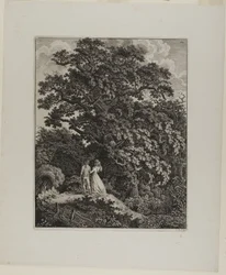 Boslandschap met een Elegant Koppel Wandelend Onder een Eik