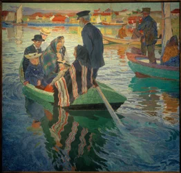 Kerkgangers in een boot