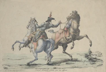 Een Afgezadeld Paard Ingehouden door een Officier