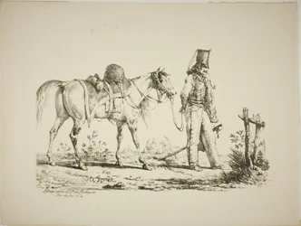 Huzaren lopen voor zijn paard, een pijp rokend