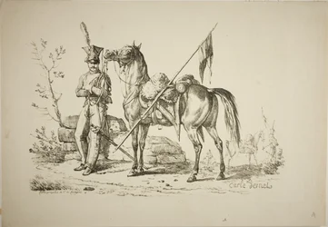 Lansier te Voet Lopend naast zijn Paard