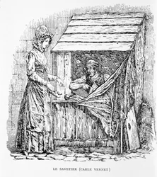 De schoenlapper. Gravure van Carle Vernet. 19e eeuw.