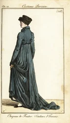 Vrouw met vilten hoed, lange rijjas, herenslippers, Parijs