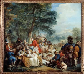 Jachtpauze. Een picknick van edelen tijdens een jachtpartij. Schilderij door Charles Andre Van Loo, 18e eeuw