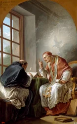 "De heilige Gregorius, bekend als Gregorius I de Grote (540-604), paus en doctor van de Kerk, dicteert zijn homilies. Hij wordt geïnspireerd door de Heilige Geest, gesymboliseerd door een duif. Schilderij van Carle Van Loo (1705-1765) 1764 Afm. 101x75,2 cm