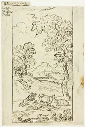 Heuvelachtig landschap met koeien en herders op de voorgrond