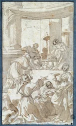 De Heilige Familie aanbeden door Heiligen Charles Borromeo, Franciscus van Assisi, Clara van Assisi en Lucia. Tekening in inkt en was door Carlo Bononi