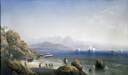 Het leggen van de onderzeese kabel in La Spezia, tweede helft 19e eeuw (schilderij)