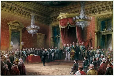 Risorgimento - Carlo Farini (1812-1866) presenteert aan Victor Emmanuel II (Victor Emmanuel) (Vittorio Emanuele) (1820-1878) het pact van annexatie van Emilia Romagna in 1860