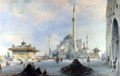 De moskee van Constantinopel: Sint-Sophia (Hagia Sophia). Schilderij door Carlo Bossoli