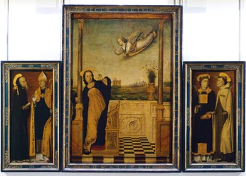 Altaarstuk van de Annunciatie met St. Benedictus, St. Augustinus, St. Stefanus en St. Angelo
