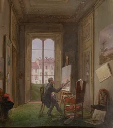 De schilder Giuseppe Canella aan het werk op een doek in zijn atelier, ca.1830