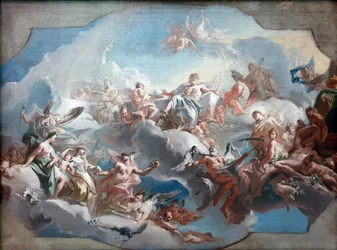 Duits: Der Aufbruch der Göttinnen Juno, Venus und Minerva, geleitet von Merkur, zum Parisurteil Vertrek van de godinnen Juno, Venus en Minerva voor het oordeel van Paris