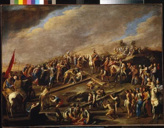 Christus wordt aan het kruis genageld. Golgotha