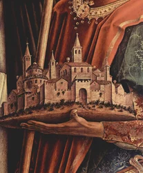 Altaarstuk triptiek, rechterpaneel: Sint Petrus Martelaar en Sint Venetianus van Camerino, detail: stadsmodel van Camerino in handen van de stadsheilige Venetianus