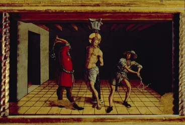 De geseling van Christus, centraal rechter predella paneel van het San Silvestro polyptiek, 1468
