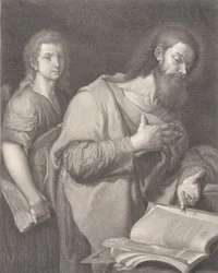 Sint Mattheüs, staand voor een boek rechts met een hand op zijn borst, een andere man be..., 1750-84