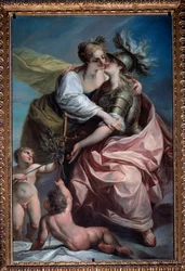 Allegorie van de dertien waarden van de republiek: de Vrede omarmt de Gerechtigheid