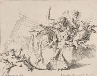 Rijkdom, vertegenwoordigd door een vrouw zittend op wolken en omringd door putti, een van hen is..., 1725-75