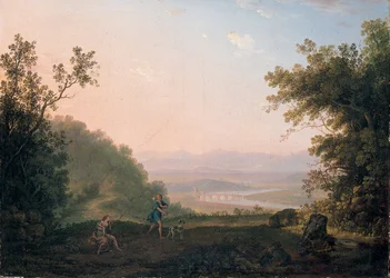 Een Arcadisch landschap met Adonis die afscheid neemt van Venus