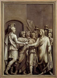 Oud Rome: krijger en man in een toga die een bol uitwisselen