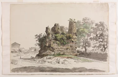 Het Zogenaamde Graf van de Gebroeders Curiatii bij Albano, met de Kerk van de Madonna della Stella in de verte links
