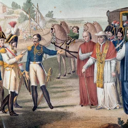 Paus Pius VII (Pio) (1742-1823) werd gearresteerd bij zijn terugkeer naar Italië door het Oostenrijks-Neapolitaanse leger nabij Parma op 25 maart 1814 - Gravure door Carlo Lasinio (1759-1838) - Kleur lithografie