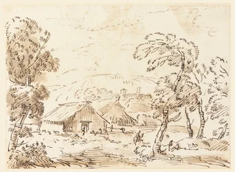 Tekening, Een boerenwoning en een kasteel in een bergachtig landschap, 1762-1786