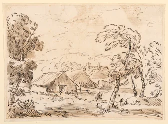 Tekening, Een boerenwoning en een kasteel in een bergachtig landschap, 1762-1786