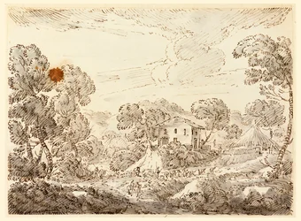 Tekening, Een boerenwoning in een bosrijk land, 1750-1770