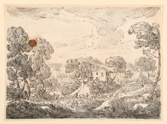 Tekening, Een boerenwoning in een bosrijk land, 1750-1770