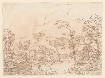 Tekening, Een dorp aan een beek in bergachtig land, 1770-86