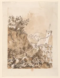 Tekening, Landschap met bergstad, 1760-80
