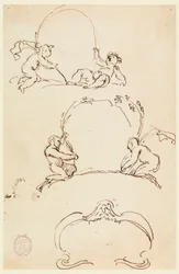 Tekening, Drie schetsen van cartouches, voor 1775
