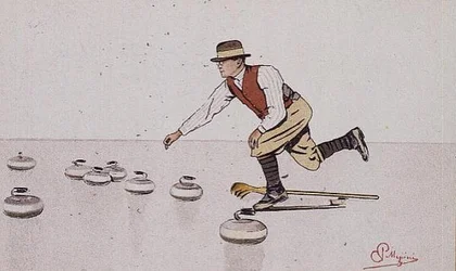 Man die een steen werpt in een curlingwedstrijd
