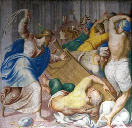 Jezus Christus verdrijft kooplieden bij de poorten van de Tempel. Fresco door Carlo Urbino. Milaan, S. Maria della Passione
