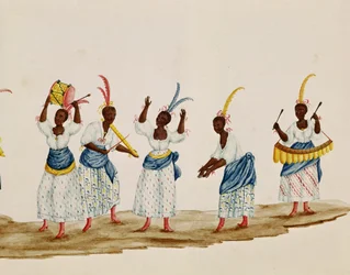 Koningin en haar gevolg, detail met dansers en muzikanten
