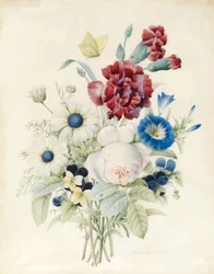 Een boeket bloemen inclusief een roos, een blauwe winde en viooltjes, 1830