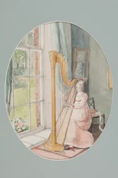 Een jonge vrouw met een harp