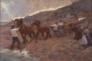 De reddingsboot te water laten (olieverf op doek)