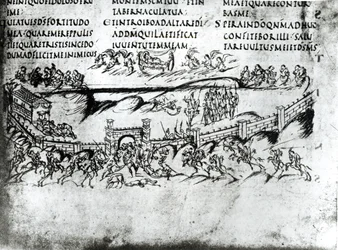 Illustratie van verschillende scènes uit Psalm 43, waaronder het vers ‘Ontwaak, waarom slaapt Gij, o Heer?’, uit het Utrechts Psalter, kopie van het origineel uit Reims, nu in de Universiteitsbibliotheek Utrecht