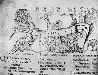 Illustratie van verschillende scènes uit een van de Psalmen, uit de Utrechtse Psalter, kopie van het origineel uit Reims nu in de Universiteitsbibliotheek Utrecht