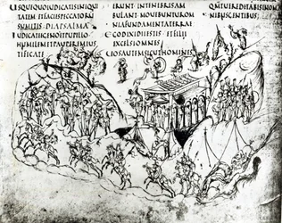 Verschillende scènes ter illustratie van een psalm, uit het Utrechts Psalter, kopie van het origineel uit Reims dat nu in de Universiteitsbibliotheek Utrecht wordt bewaard