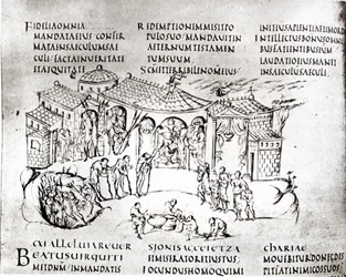 Diverse scènes ter illustratie van een psalm, uit het Utrechts Psalter, kopie van het origineel uit Reims, nu in de Universiteitsbibliotheek Utrecht