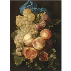 Een stilleven met pruimen, druiven, perziken en een granaatappel gebonden met een blauw lint
