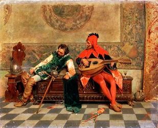 ‘Dronken krijger en hofnar’, Italiaans schilderij uit de 19e eeuw.