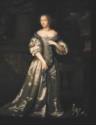 Portret van Lady Philippa Stanton en haar hond staand op een terras bij een gebeeldhouwd fries